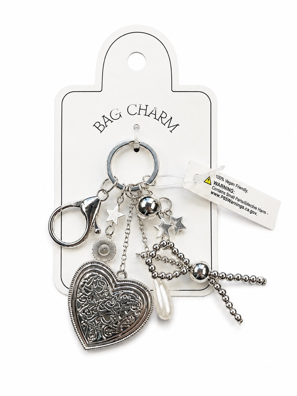 Silver Heart Bag Charm Purse Keychain Star Pearl Beaded New